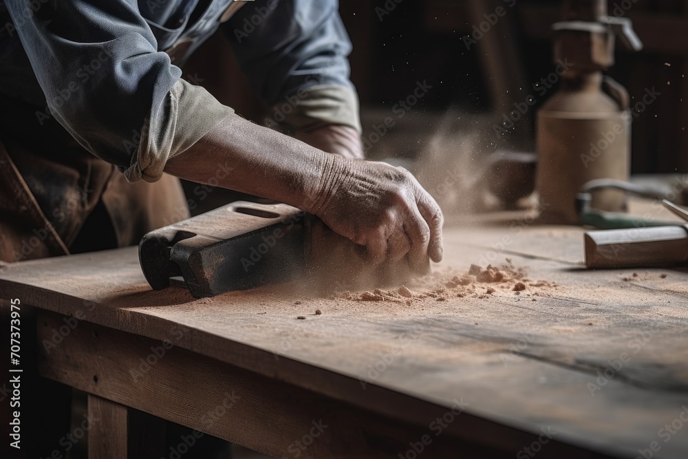 cropped shot of an unrecognizable carpenter sanding a piece of wood inside a workshop