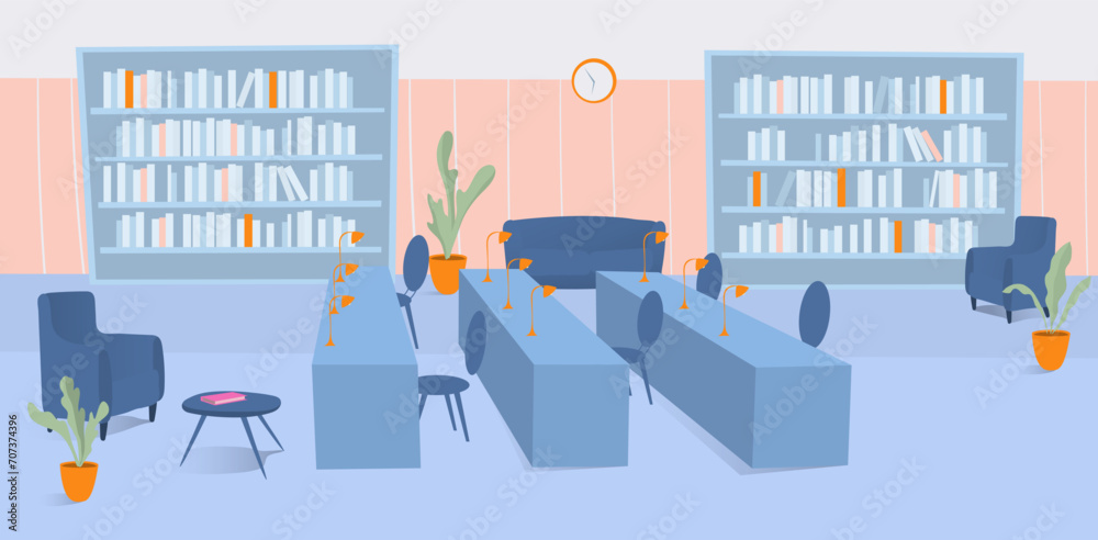 Library room interior, literature book at shelf, vector illustration. University or school education bookcase for study design. Table furniture row for reading flat knowledge in textbook. Library room interior, literature book at shelf, vector illustration. University or school education bookcase for study design. Table furniture row for reading flat knowledge in textbook.