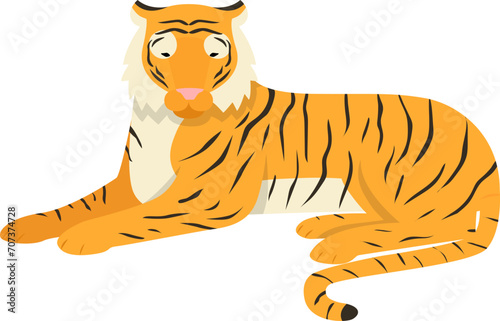 Tiger animal isolated on white, big bengal cat vector illustration. Wildlife striped predator,one wild undomesticated animal with paws. Old power mammal with tail, feline color portrait design.
