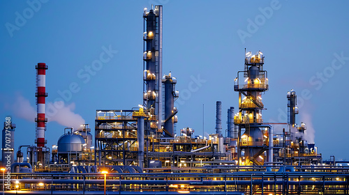 Uma fotografia marcante de uma refinaria de petróleo iluminada pelas luzes ao anoitecer retratando a infraestrutura industrial e a produção de energia no setor de petróleo e gás