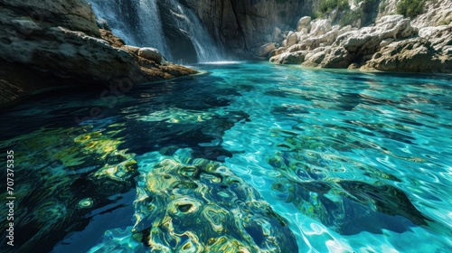  a waterfall in the middle of a body of water with clear blue water and green algae growing on the bottom of the water, with a waterfall in the background.
