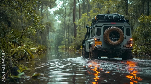 A car driving through a wet forest, an off-road trip