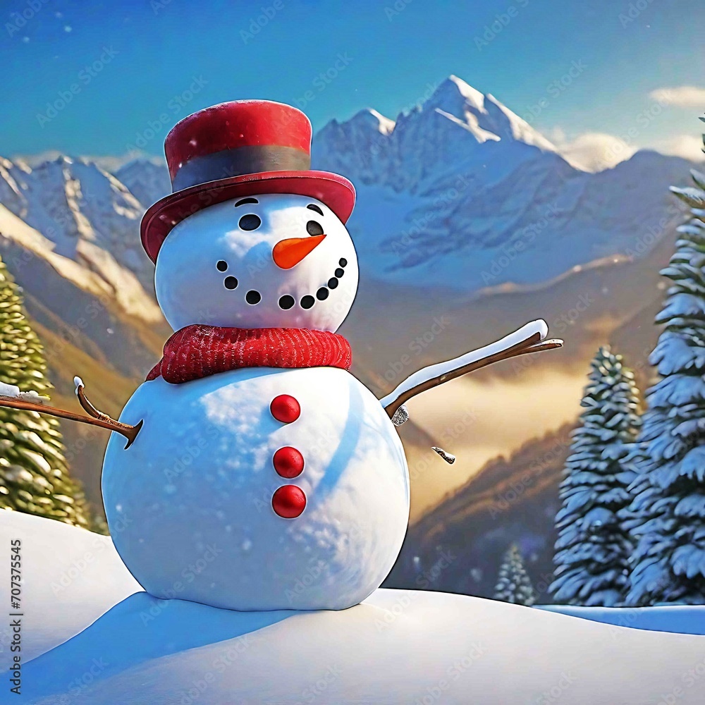 Obraz premium Snowman Winter Landscape Snow forest. Snowman in a winter landscape, adorned with a black hat and red scarf