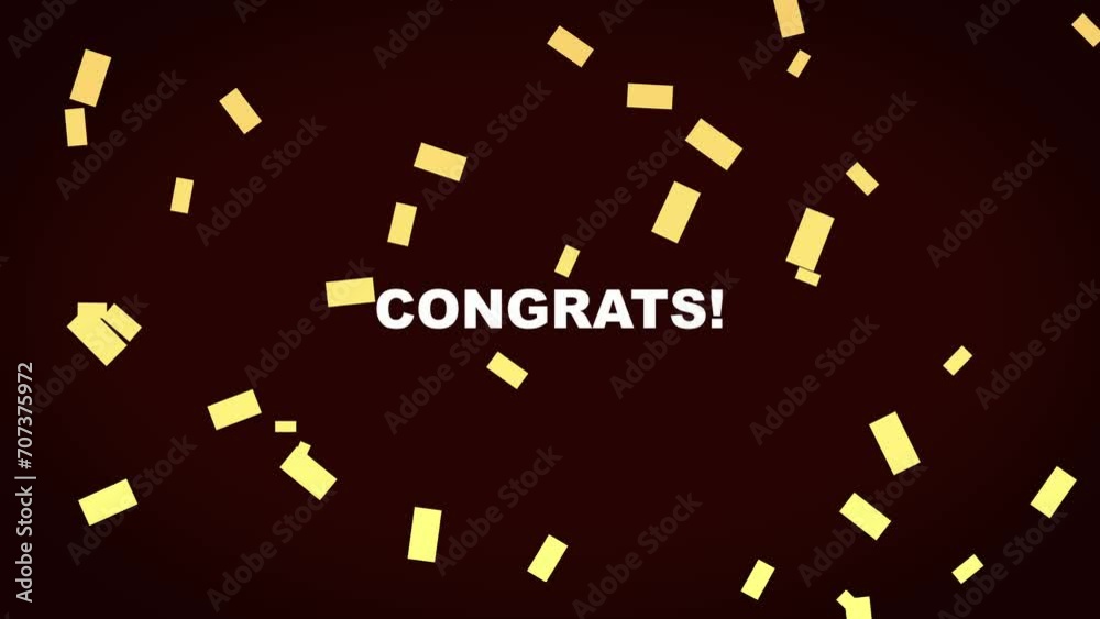 Animation of text spinning like a reel. „Congrats!“ text rotating in white letters on the screen. Golden confetti falling down the screen. Animation of text spinning like a reel. „Congrats!“ text rotating in white letters on the screen. Golden confetti falling down the screen.
