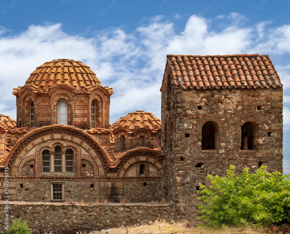 Byzantine style Monastery of Demetrius of Thessaloniki, located in the famous archaeological site of Mystras in Peloponnese, Greece