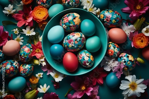 Easter Table Setting with Spring Flowers and Traditional Eggs on Dark Emerald Background © Iuliia