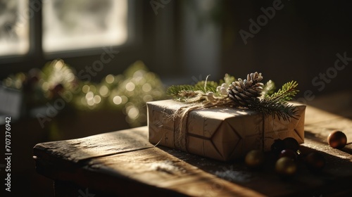  a present wrapped in white paper with a pine cone on top of it and a pine cone on top of it, sitting on a wooden table in front of a window sill.