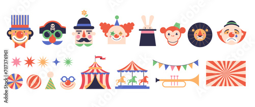 Circus, Carnival, Street Festival, Purim Carnival concept illustrations, elements and icons. Cute faces of clowns and animals. Circus background. Geometric retro style design