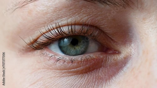 Woman's green eye with natural, long black eyelashes. Closeup, lamination, lift eye lashes. photo