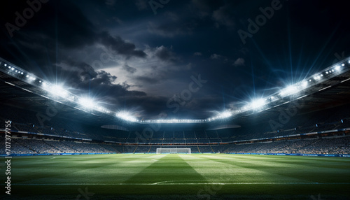 Stadium lights against dark night sky background. Soccer match lights