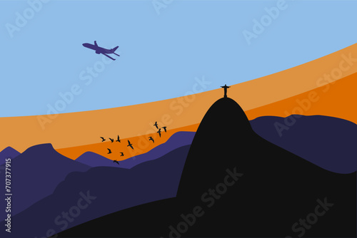 Rio de janeiro, Brazil. Statue of Christ on Corcovado Mountain during sunset with blue sky. Airplane silhouette in the sky and birds flying. Tijuca National Park. EPS Illustration.