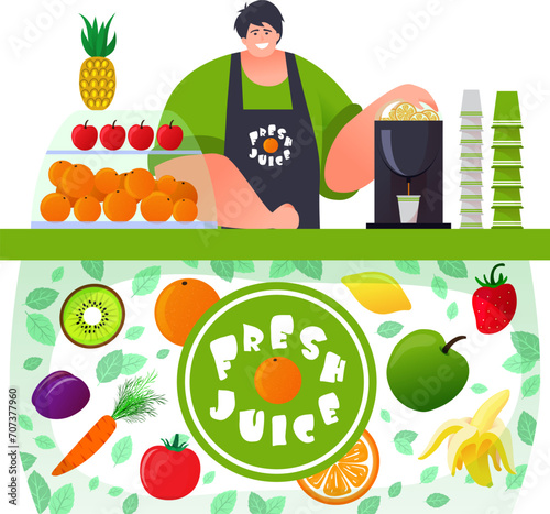 Local kiosk with man background, isolated on white vector illustration. Outdoor market, fresh juice service in retail shop. Stall sale in store, vegetable and fruit product business.