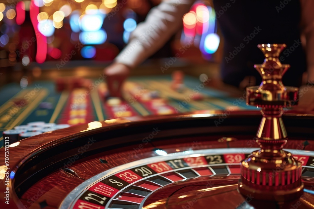 Casino Details: Close-up details photo of a casino, from the vibrant chips to the allure of poker and roulette, capturing the essence of the exciting world where money, chance, and entertainment Casino Details: Close-up details photo of a casino, from the vibrant chips to the allure of poker and roulette, capturing the essence of the exciting world where money, chance, and entertainment