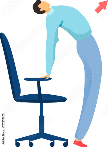 Stretching workout pose for young person healthy lifestyle, isolated on white vector illustration. Flat flexible fitness exercise design, cartoon man character in office. Business break for body.
