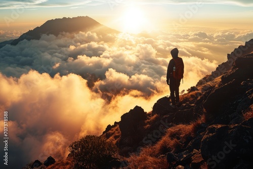 Above the Clouds: A Silhouette of a Hiker on Madeira Island, Portugal, on a Mountain Summit, Witnessing the Breathtaking Sunrise and Daybreak.