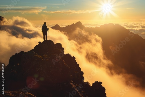 Above the Clouds: A Silhouette of a Hiker on Madeira Island, Portugal, on a Mountain Summit, Witnessing the Breathtaking Sunrise and Daybreak.        © Mr. Bolota