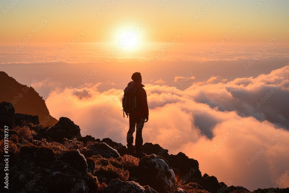 Madeira Sunrise: A Hiker's Silhouette on Madeira Island, Portugal, Above the Clouds, Experiencing the Majestic Beauty of the Mountain at Sunrise.





