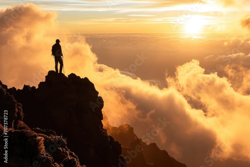 Madeira Sunrise: A Hiker's Silhouette on Madeira Island, Portugal, Above the Clouds, Experiencing the Majestic Beauty of the Mountain at Sunrise.