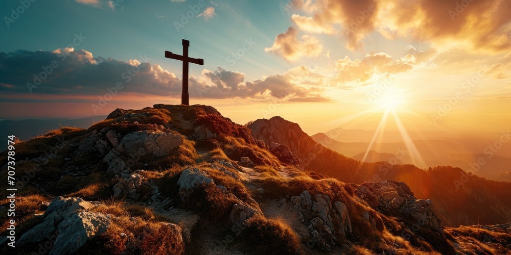 Divine Sunset: A breathtaking image captures a mountain with a cross atop at sunset, symbolizing the death of Jesus Christ and evoking deep religious sentiments associated with Easter and Christianity - obrazy, fototapety, plakaty 