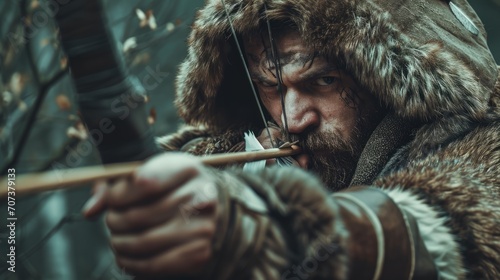 Hunnic Hunter: Dive into the world of nomadic warfare with a skilled 28-year-old Hunnic archer, wielding a powerful reflex bow and dressed in furs and leather, capturing the essence of Attila the Hun'