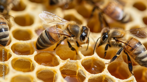 close up view of the working bees on honey cells,. AI Generative, © We3 Animal