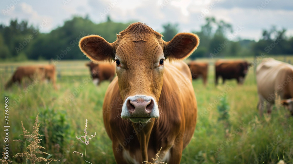cow on the background of sky and green grass. AI Generative, cow on the background of sky and green grass. AI Generative,