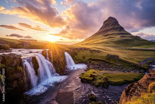 Sunset over Kirkjufellsfoss Waterfall and Kirkjufell Mountain  an iconic Icelandic landscape that blends majestic silhouettes  reflecting rivers and waterfalls  and the ethereal play of sunlight