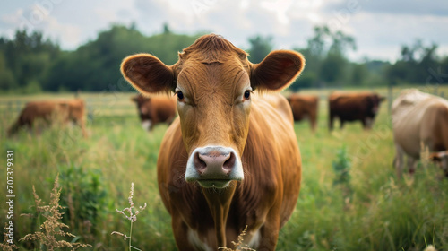 cow on the background of sky and green grass. AI Generative 