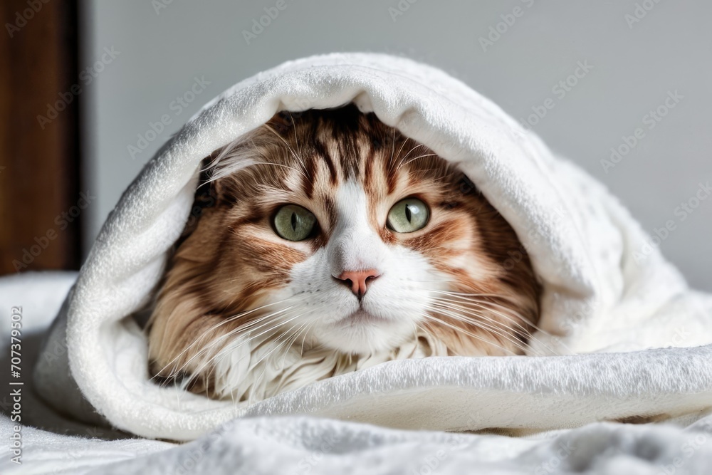 A big tabby cat in a soft white blanket. Striped cat under a warm blanket on the bed. Modern bright bedroom. Cute cosy morning photo with a pet A big tabby cat in a soft white blanket. Striped cat under a warm blanket on the bed. Modern bright bedroom. Cute cosy morning photo with a pet