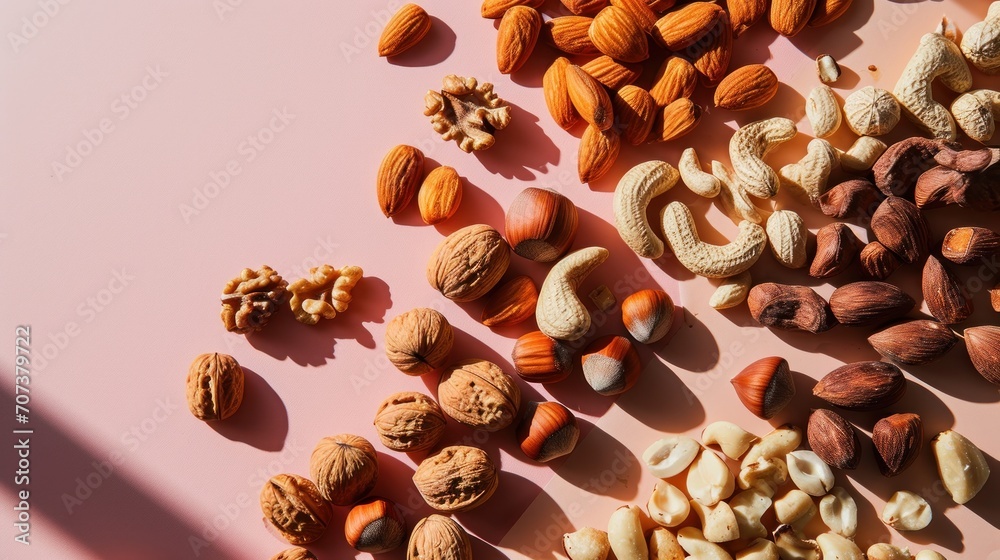 a variety of nuts and nutshells laid out on a pink surface, including almonds, cashews, cashews, and cashews. a variety of nuts and nutshells laid out on a pink surface, including almonds, cashews, cashews, and cashews.