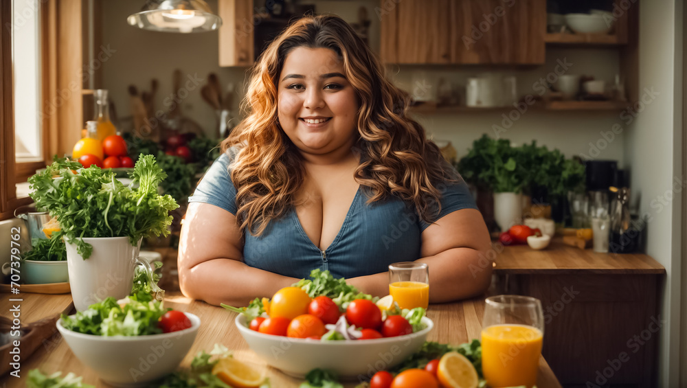 Very fat  beautiful woman in the kitchen with vegetables, weight loss concept