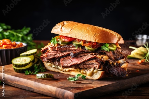 Gourmet Barbecue: Texas Brisket Sandwich Artistry on Display Against a Dark Background - Grilled to Perfection, Smoky, Savory, and Delicious, Elevating Traditional American Cuisine.