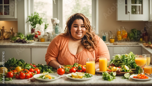 Very fat woman in the kitchen with vegetables, weight loss concept