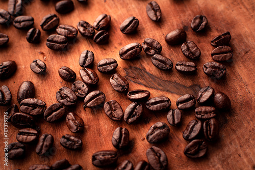 coffee beans on wood, detail.