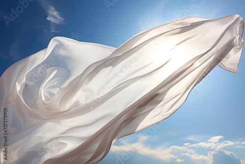 A clean white flag flutters in the wind in the blue sky. Generated by artificial intelligence