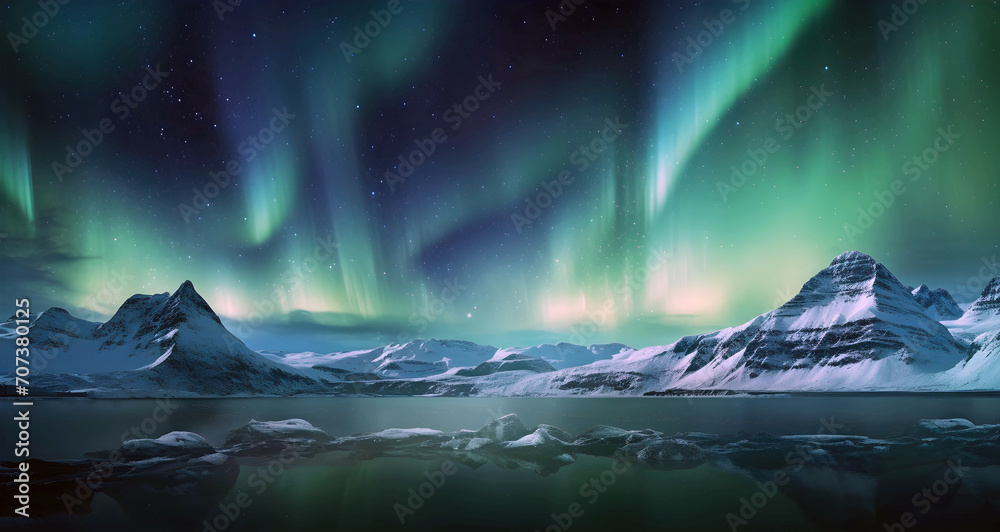 Northern lights over mountains, ai generated.