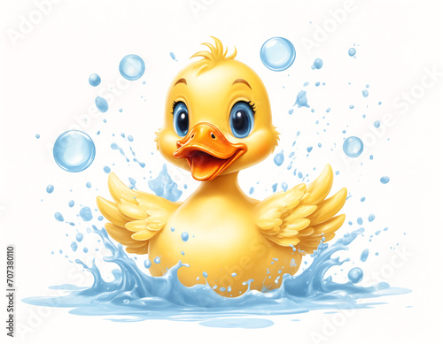 Illustration of a little cute yellow cartoon duckling with soap bubbles and water splashing around it, isolated on white background. Generative AI