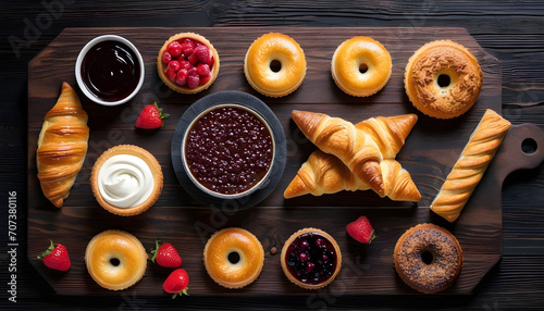 A dark wooden board with delicious pastries