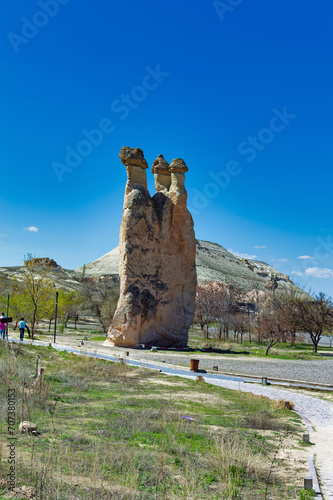 Cappadocia landscape soft volcanic rock, shaped by erosion into towers.