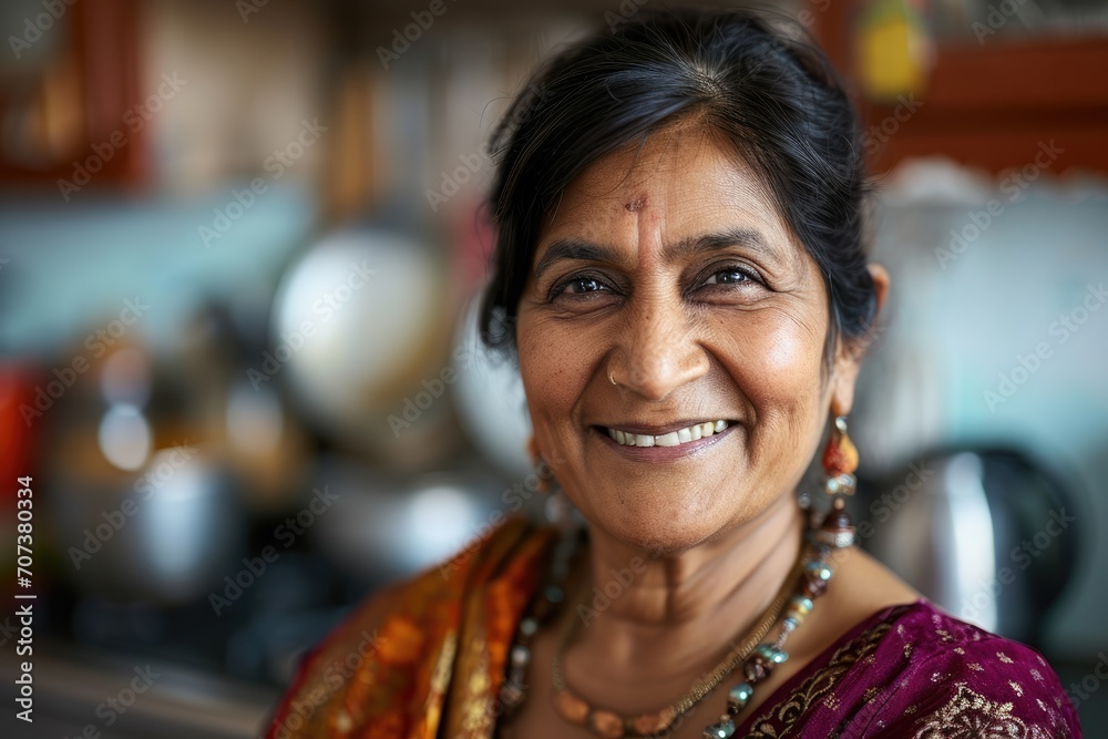 Φωτογραφία Home Happiness: A Middle-Aged Indian Woman, Natural and Smiling in the Kitchen, Reflecting Standard Domestic Bliss and Culinary Cheer