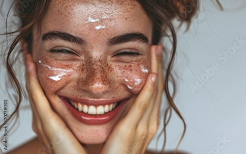 Joyful Skincare Ritual: A Happy Woman with a Beautiful Smile, Applying Face Cream - A Radiant Portrait Capturing the Satisfaction and Glow of a Positive Beauty Regimen.