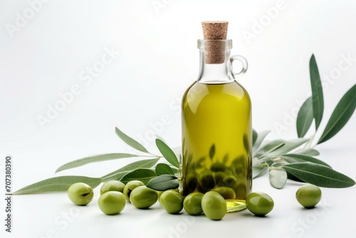 White-labeled olive oil bottle with green olives and leaves on a white background. Generative AI
