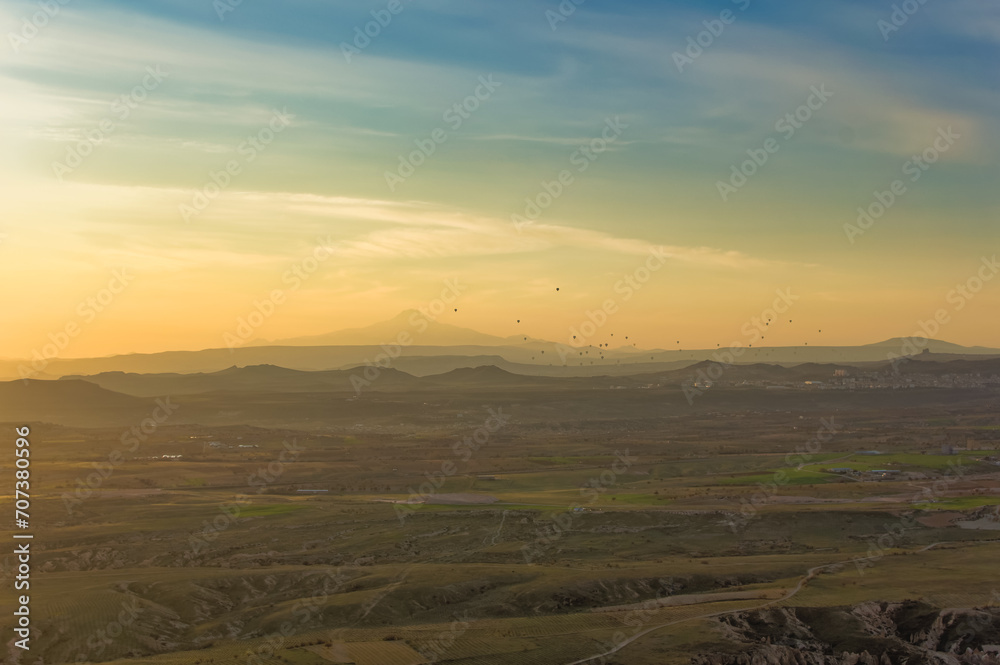 Aerial view over Cappadocia landscape.