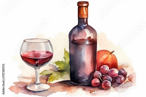 Watercolor illustration of a glass and bottle of red wine. Generative AI