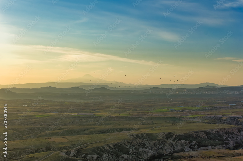 Aerial view over Cappadocia landscape.