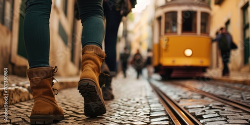 Stylish Steps in Lisbon: A Woman's Boots Traverse the Iconic Yellow Electric Background, Embracing the Charm of Portuguese Pavement and Carris Rails.

