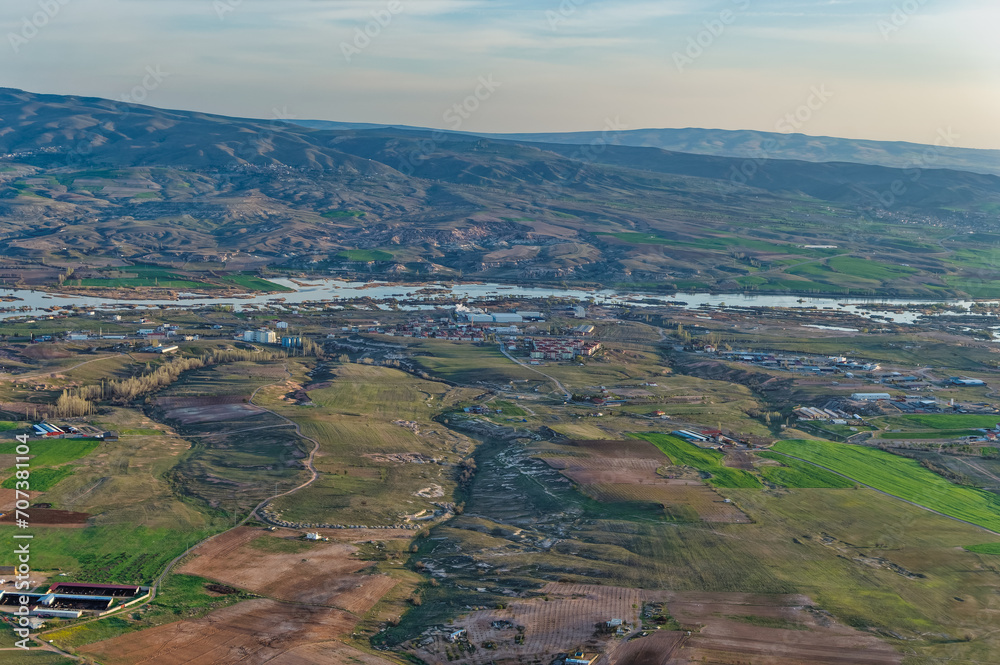 Aerial view over Cappadocia landscape.