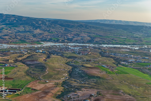 Aerial view over Cappadocia landscape.