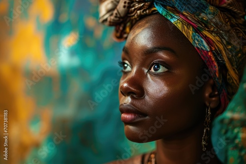 Heritage Celebration: Young African Woman in Colorful Turban, Backdropped by the Colors of the African Flag, Commemorating Black History Month, Juneteenth, Keti Koti, and Abolition Remembrance.