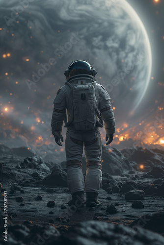  In the foreground is a tiny astronaut standing on a bumpy ground, staring at the distant planet in a gray and black color scheme, high contrast, illuminated by bright lights，atmospheric lighting, rak